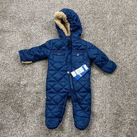 Perry Ellis snow suit 3/6 months snow gear full sip lined hood puffer blue Mitts - Picture 1 of 10